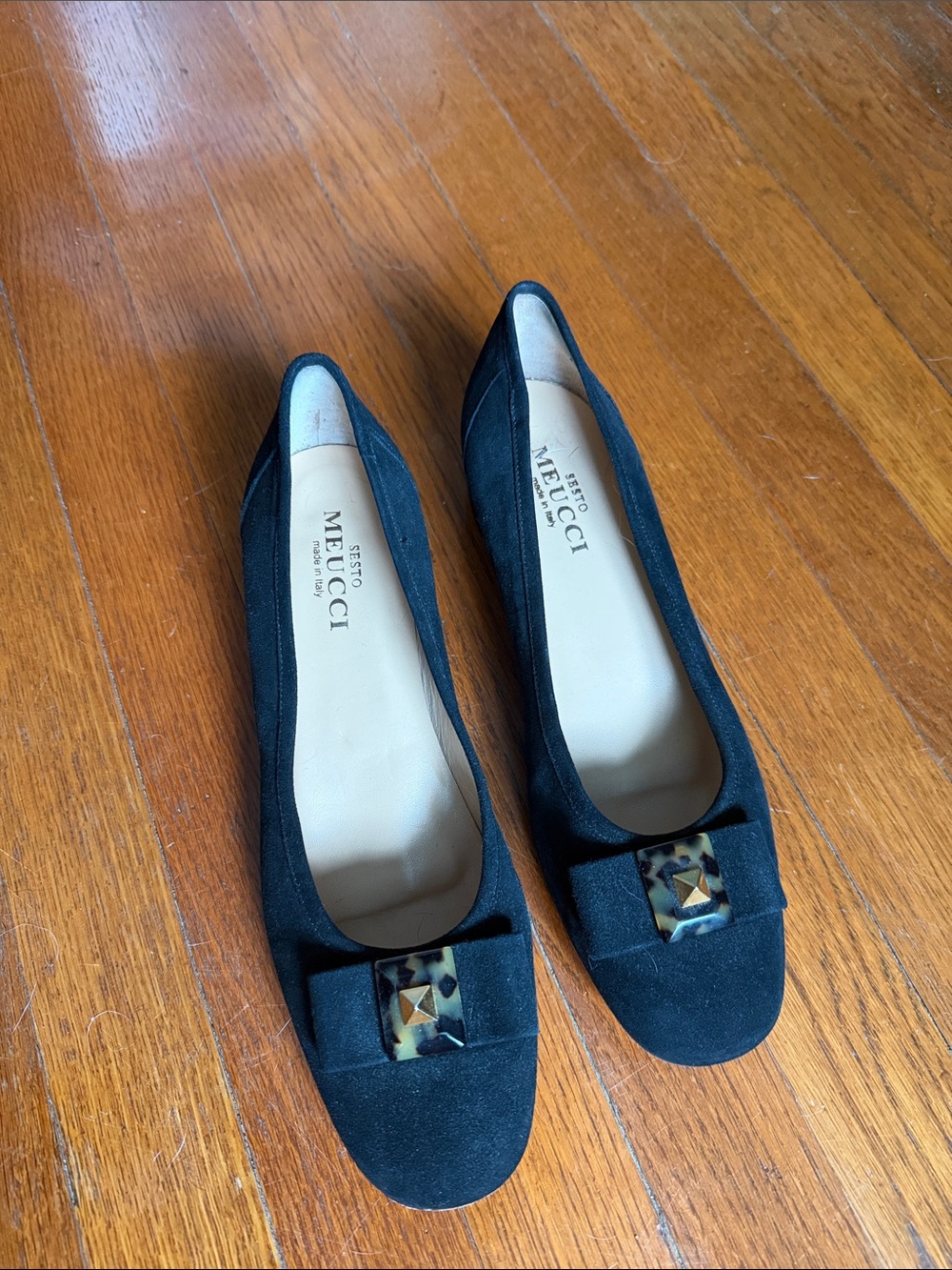 Sesto Meucci Black Suede Bow Flats with Tortoiseshell Accent